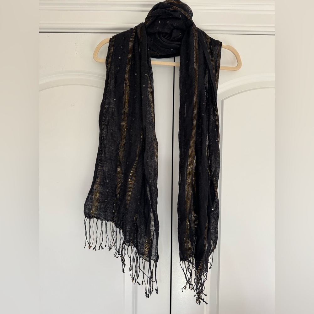 Cejon Rayon Scarf Shawl Wrap EUC Black Sequin Metallic Gold Crochet Tassels